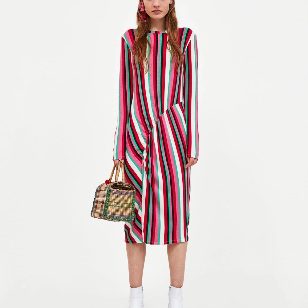 Zara Striped Midi Dress With Gathered Detail